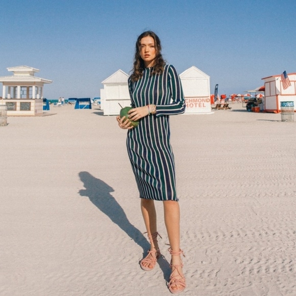 Zara Trafaluc Sheer Striped Knit Midi Dress Scalloped Hem Bodycon Size M
